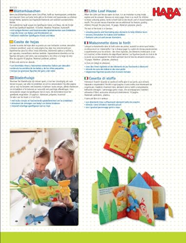 HABA 304129 - Blätterhäuschen, Stoffbuch ab 10 Monaten mit Reimen und vielen Spielelementen, inklusive Katze und Maus als Fingerfiguren, als Babygeschenk