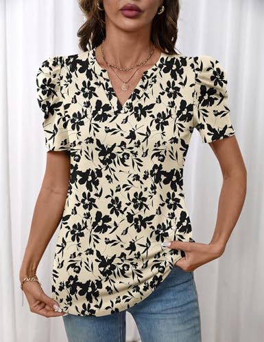 Image of LOMON Spring Summer Tops for Women 2026 V Neck Puff Short Sleeve Tops Fashion Trendy Work Blouses Dressy Casual S-XXL