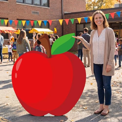 Capoda 6 FT Back to School Apple Photo Backdrop Life Size Foam Board Classroom Decoration, Large Red Apple Cardboard Cutout Photo Booth Prop for First Day School Welcome Back Theme Standee