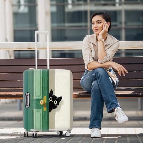 Image of Black Cat Peeking Door Luggage Cover - Stretchable Travel Suitcase Protector for 32-34 Inch Luggage - Whimsical Green Door and Beige Wall Design,XL