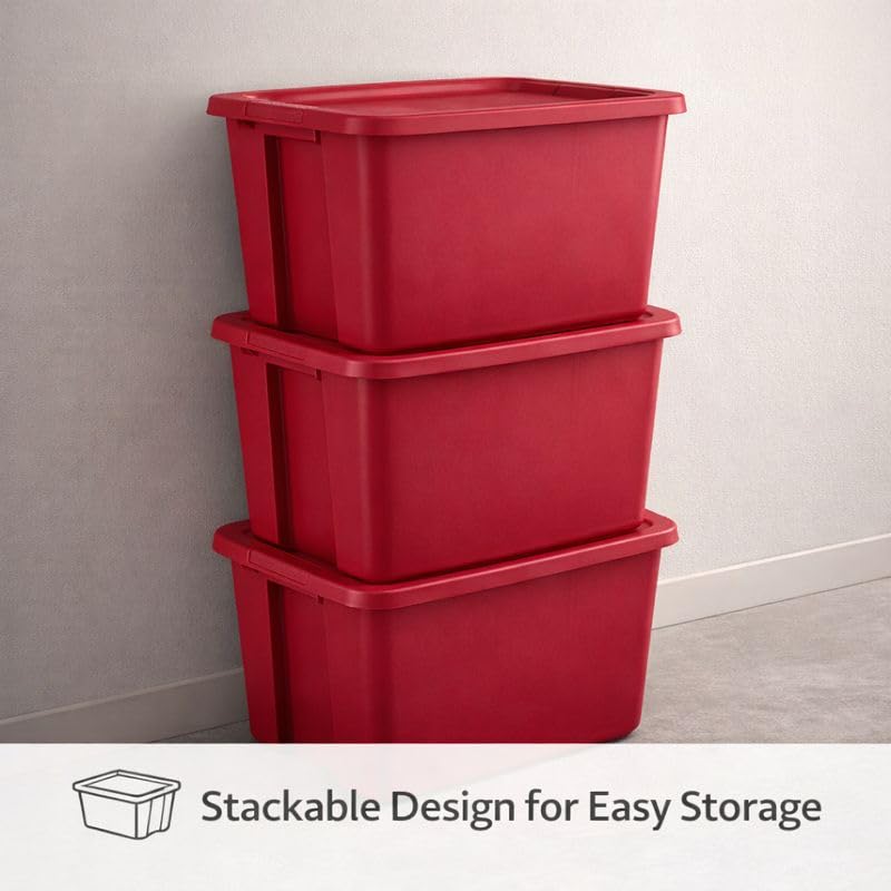 Image of 18 Gallon Plastic Storage Tote with Secure Snap-On Lid, Stackable Storage Bin for Linens, Seasonal Decor, Keepsakes & Home Organization (Red)