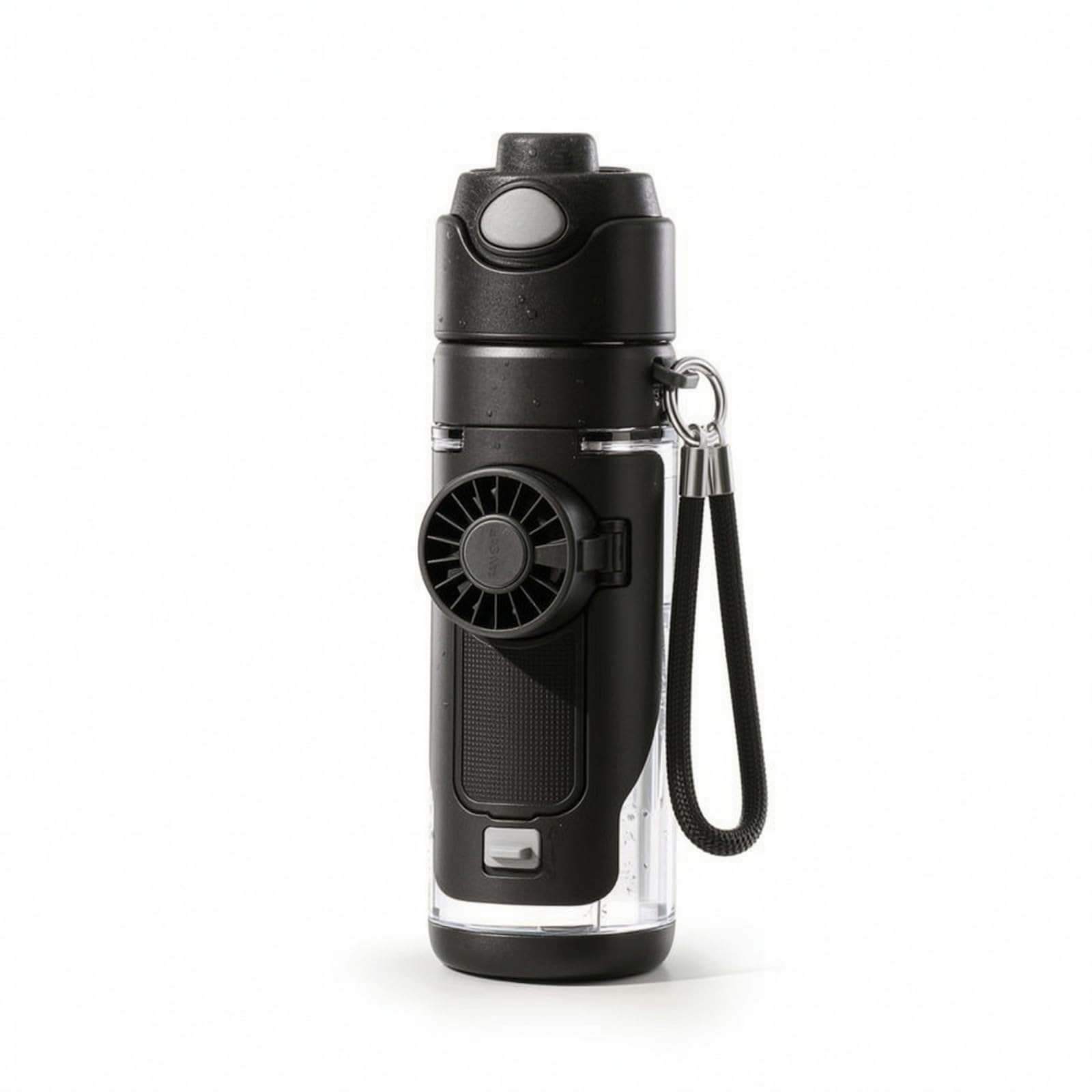 Portable Cooling Bottle Botella Térmica Vaso Cantimplora con Ventilador Tapa Doble de Consumo Correas de Mano y Hombro Adecuado para Verano Oficina Gimnasio Excursiones, Negro