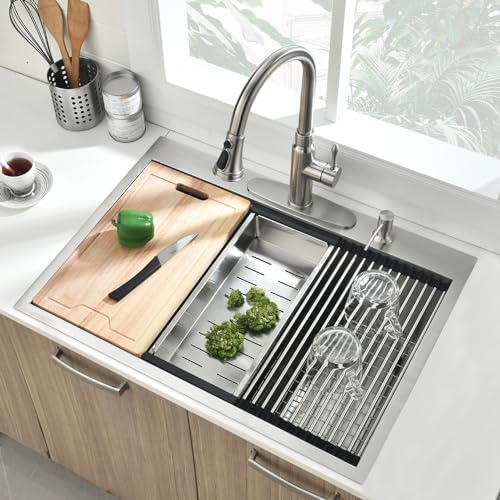 33 Drop in Workstation Kitchen Sink, BoomHoze 33x22 16 Gauge Stainless Steel Drop in Kitchen Sink Workstation Single Bowl Deep Sink Top Mount Kitchen Sink Basin with Accessories - Thumbnail 2