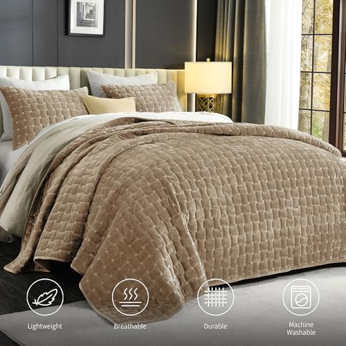 Image of Grassix Velvet Quilt Set Queen Size, Luxury Geometric Design, Beige Taupe | Lightweight Velvet Comforter with 2 Pillow Shams, Ultra Soft Bedspread Coverlet, Quilted Bedding Set for All Seasons, 90 inchx96 inch