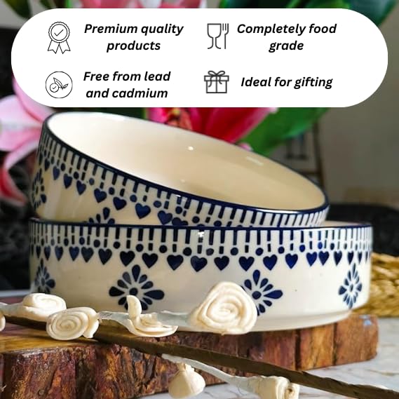 Image of Niyara Stoneware Handmade Ceramic Stylish Premium Serving Bowls /Salad Tray Microwave Dishwasher Safe (Blue jhalar Salad Bowl Set of 3)