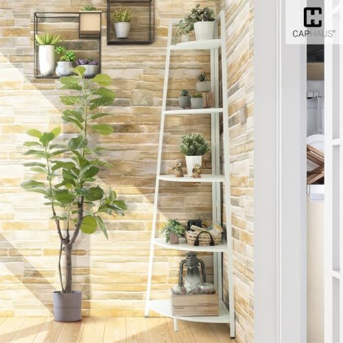 CAPHAUS 5-Tier Corner Shelf Stand, Tall Display Shelves, Ladder Corner Wood Storage Plant Bookshelf with Metal Frame, Versatile Shelving Unit Bookcase for Home Office Space, White — view 6