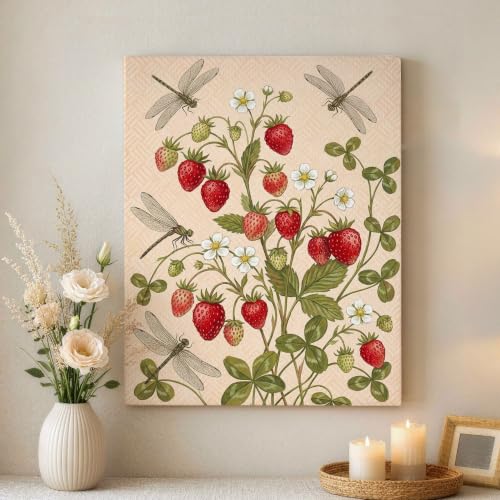Decoración de primavera con arte de pared floral de fresa para una cocina y sala alegre
