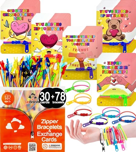 UpBrands 30 Valentine's Day Cards for Kids School with 78 Fidget Zipper Bracelets Party Favors Toys, Bulk Valentine's Day Gifts for Kids, Classroom Valentine Exchange Gifts - Student Incentives