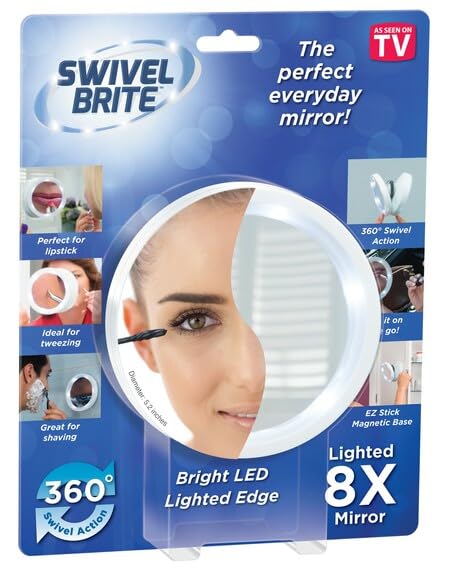 HOMEWELL Swivel Brite Magnifying Mirror with Light for Bathroom Mirrors, 8X Magnification - Mounted Ring Light Mirror w/Magnetic 360° Rotation, Super Bright LED - Travel Lighted Makeup Mirror