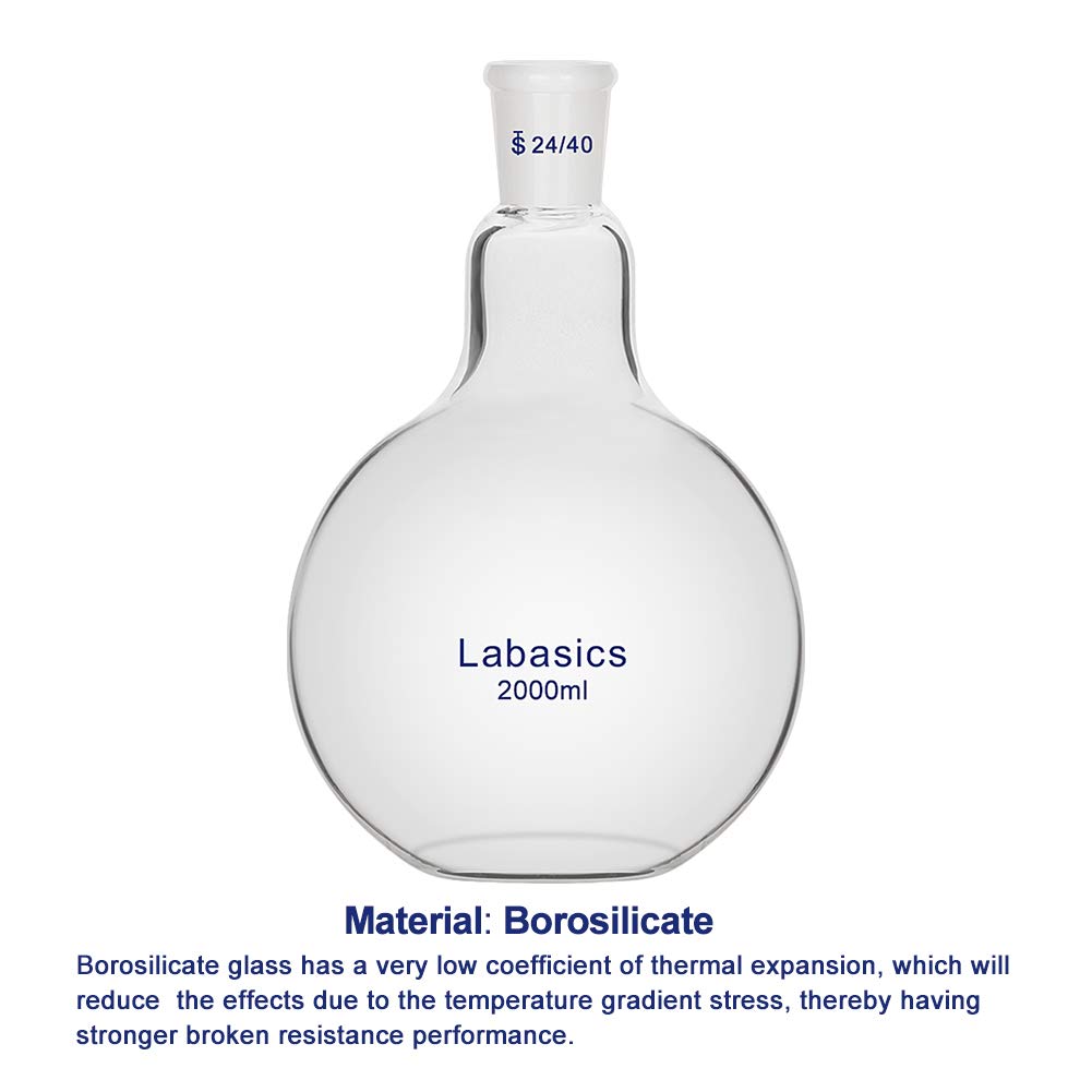Labasics Szklana kolba kuchenna 2000 ml, z płaskim dnem, płaska kolba Boiling Flask, ze standardowym przegubem zewnętrznym 24/40