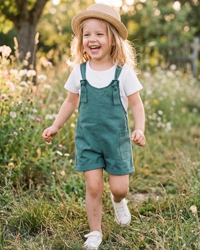 Image of HINTINA Toddler Girl Overall Shorts Set Adjustable Loose Jumpsuit Short Sleeve T-shirt Vacation Summer Outfits with Pockets