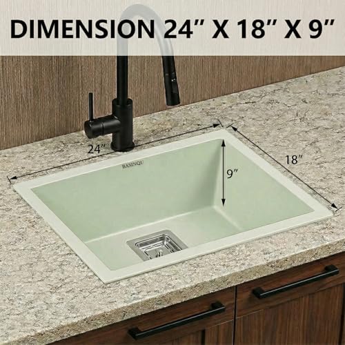 Image of BASINQU Quartz Sink for Kitchen | 24x18x9 Inches Sand-Choco Single Bowl Kitchen Sink | Granite UV Protected Scratch Resistant, Undermount /Topmount Kitchen Sinks