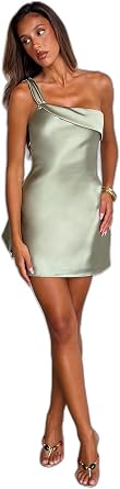 Tiger Mist Womens Rainey Satin One-Shoulder Mini Dress with Waterfall Ruffle and Fold-Over Neckline