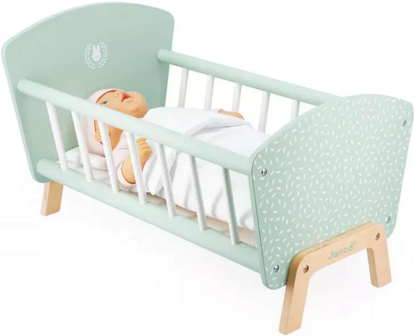 Zen FSC Wood Cot-Pretend Play Toy Bed with a Rabbit Pillow and Blanket-Doll Accessory-3 Years +, J05902, Water Green/White