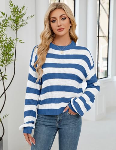 Womens Oversized Lightweight Cute Striped Cropped Sweater Spring 2025 Knitted Crew Neck Thin Crop Pullover Tops4