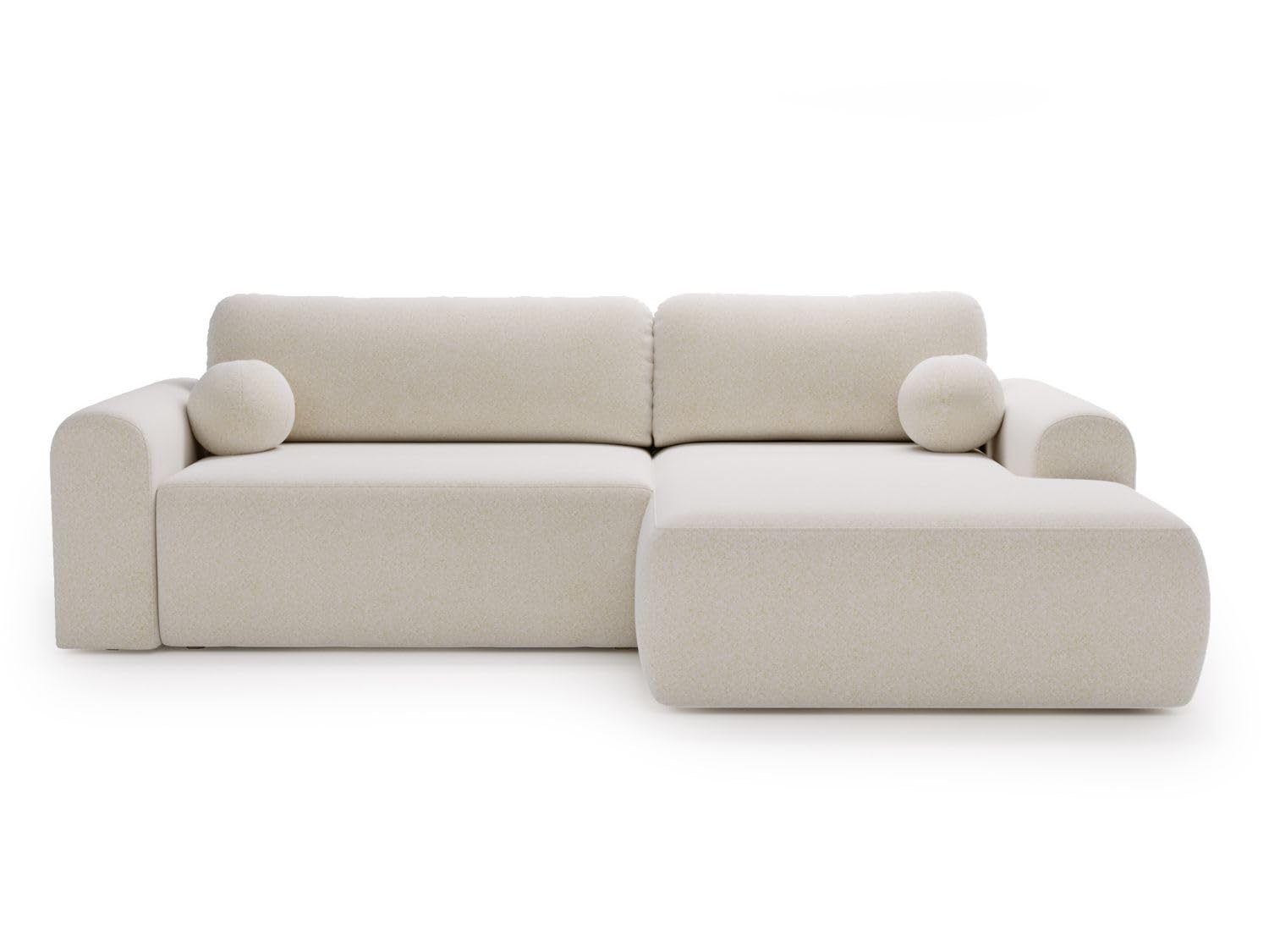 GRAINGOLD Savana L 257x177 cm, L-Form Sofa, Schlafcouch für Wohnzimmer, Bouclé-Stoff, 3-Sitzer Eckcouch, Ecksofa mit Bettkasten (Weiß, Rechts)