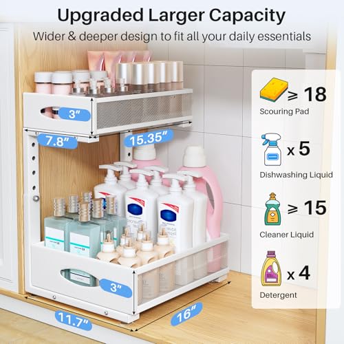 Image of Under Sink Organizer, 2 Tier Pull Out Under Cabinet Organizer Shelf with Pad for Framed Cabinets, Metal Slide Out Under Sink Storage, Mesh Sliding Drawers for Kitchen Bathroom Laundry(White, 1 Pack)