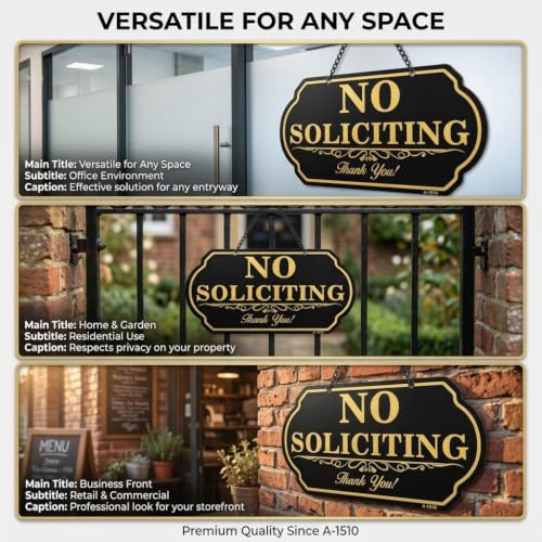 Image of No Soliciting Sign for Front Door, 10 x 5 Inch Aluminum Metal Hanging Door Sign with Chain, UV Printed Weatherproof No Soliciting Door Plaque for Home, Office, Porch, Wall or Fence