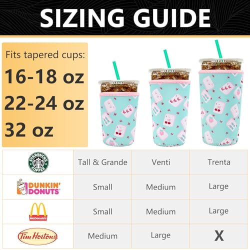Image of YR Reusable Neoprene Insulator Sleeve for Iced Coffee Cups, 3 Pack Coffee Coolies sleeves for Iced & Hot Drinks, Cold Beverage Cooler Compatible with Starbucks Coffee and More (Cute Mahjong)