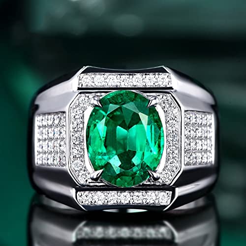 Amdxd 18K White Gold Mens Promise Rings, Wide Men Wedding Bands Green Emerald 3.1Ct With White Diamond Mens Ring Size 7 #TOP2
