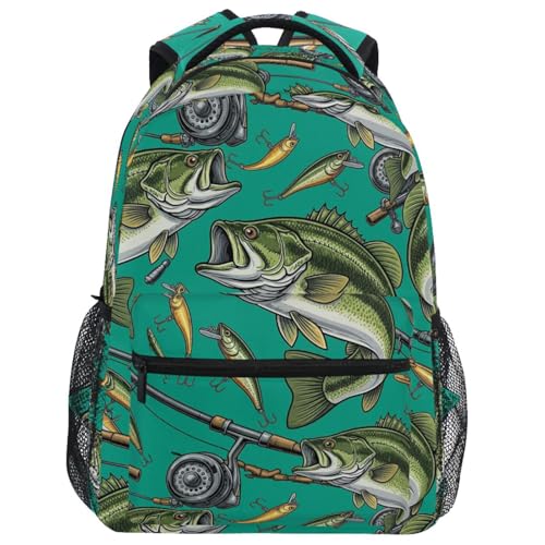 Pfrewn Kids Bass Fish Fishing Rod Baits Backpacks for Girls Boys Lightweight Backpack for Students School 16"