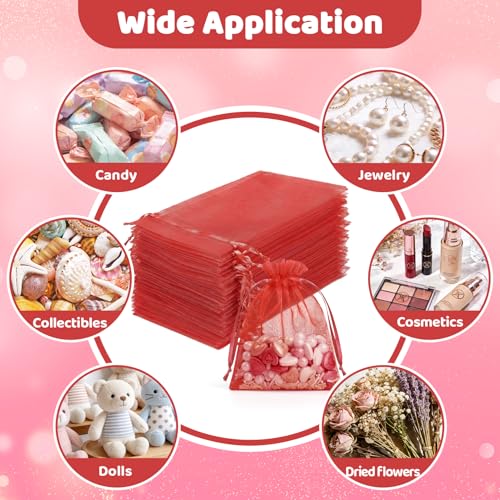 Image of FUNFERY 100Pcs Red Organza Bags 3x4 in,Small Mesh Drawstring Gift Bag | Little Jewelry Bags for Wedding Party Favors, Mini Drawstring Pouch for Sachet, Candy, Goodie, Treat Bag for Easter Day