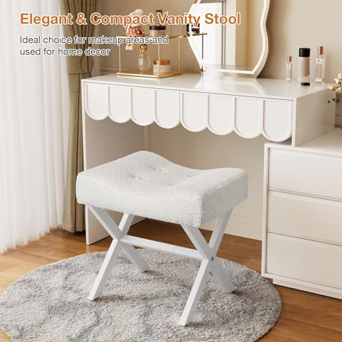 Image of Memobarco 18-Inch Large Vanity Stool Chair, Vanity Bench with Metal X-Legs, Ottoman Accent Stool with Breathable and Soft Boucle Fabric Saddle Seat, White
