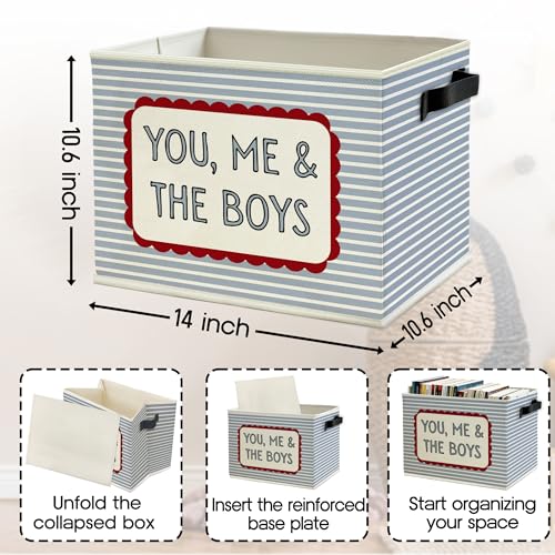 Image of Vintage Boy Nursery Storage Bins Box with Handles, You Me and the Boys Blue Striped Collapsible Basket Organizer for Kids Boys Room Bedroom Playroom Bathroom Books Clothes