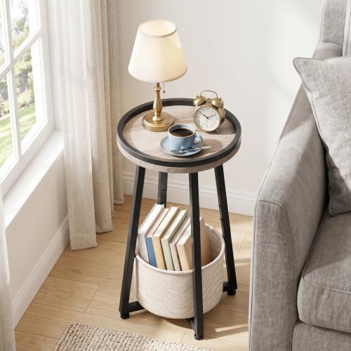 Image of HOOBRO Small Round Side Table, 2-Tier Round Sofa End Table, Compact Nightstand with Cotton Linen Storage Basket, for Small Space, Living Room, Bedroom, Dorm, Greige BG183BZ01