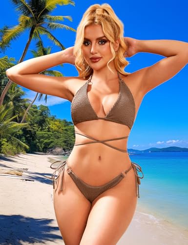 Image of Women Bikini Set Metal Ring Two Piece Swimsuit | Various Wear Way,High Elasticity Breathable Fabric,Cross Strap Design Bathing Suit Swimwear