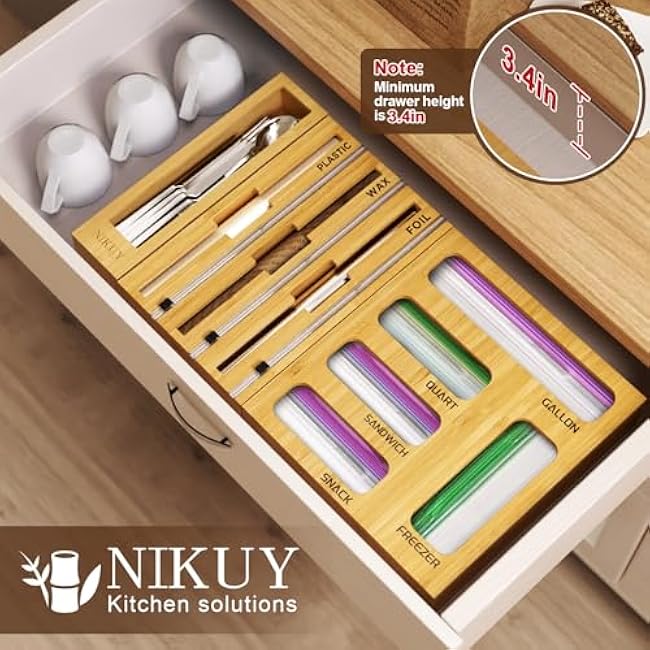 9 IN 1 Bamboo Foil and Plastic Wrap Organizer for Kitchen Drawer, Plastic Bag Organizer Organization and Storage, Food Storage Bag Organizer with Labels for Quart Gallon Snack Sandwich Bag