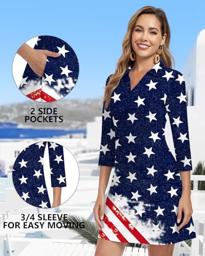 Image of WOWENY 3 /4 Sleeve Dress for Women with Pockets V Neck UPF 50+ Casual Sun Dress Breathable Quick Dry Beach Vacation