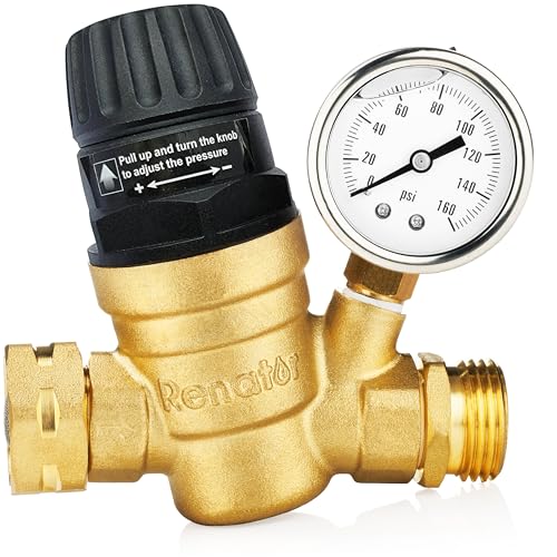 Renator RV Water Pressure Regulator for RV Camper. Brass Lead-free Adjustable Water Pressure Regulator with Gauge for Camper Travel Trailer, Reducer Valve W Filter. M22-0660R. - Thumbnail 3