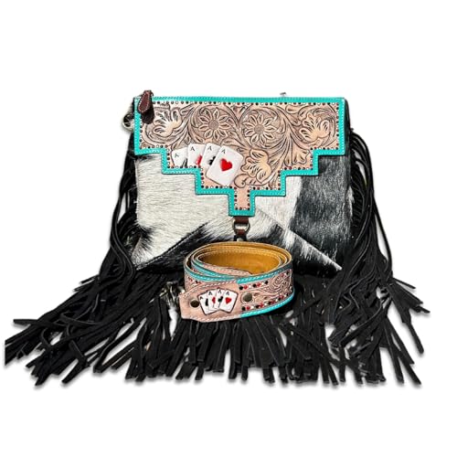Western Aces Handbag, Cowhide Crossbody Poker Shoulder Bag Purse with Fringes Tooled Leather Brown Messenger Purse