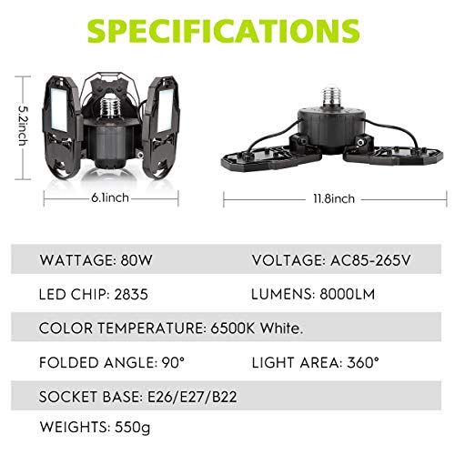 Led Garage Lights, 80W Deformable Garage Ceiling Light 8000lm E26 Basement Lights with 3 Adjustable Led Panels 270° – Fits for Garage, Warehouse, Barn, Workshop and Yard (No Motion Activated) - Thumbnail 7