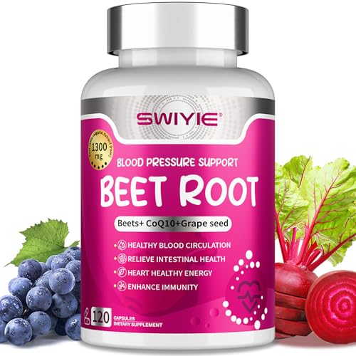 Beet Root Capsules 120 pcs, Beetroot Supplement Support Heart Health Circulation, Blood Pressure, Beets with Grape Seed Extract, Non-GMO, Gluten-Free | 1300mg per Serving