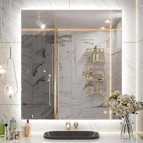 Keonjinn 32 x 36 Inch Bathroom Mirror with Lights, Backlit Mirror Dimmable