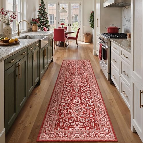 Christmas Runner Rug 2x8 Red Washable Hallway Carpet Retro Floral Holiday Decorative Non Slip Low Pile Soft Throw Long Xmas Rug for Kitchen Bedroom Bathroom