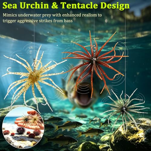 Dexspoeny 6 Pcs Fuzzy Dice Fishing Lure, Dice Baits for Bass Fishing Soft Tentacle Creature Lure with Reflective Glitter Sea Urchin Bait for Multiple Rigs, Slow Sinking, Freshwater/Saltwater