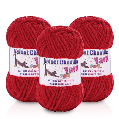 Image of 3 * 100g /3.5oz Fluffy Chenille Yarn for Crocheting, Chunky Velvet Yarn for Crochet Amigurumi, Used for Making Baby Yarns Blanket, Clothes, Pattern Knitting Creations (Red)