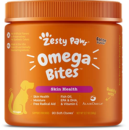 Zesty Paws Omega 3 Alaskan Fish Oil Chew Treats for Dogs - with AlaskOmega for EPA & DHA Fatty Acids - Itch Free Skin - Hip & Joint Support + Heart & Brain Health - Bacon Flavor