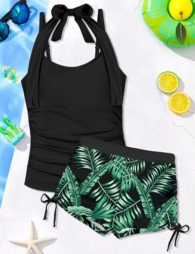 Image of Girls Swimsuit 2 Piece Halterneck Girls Tankini Swimsuit Drawstring Printed Swim Shorts Girl Bathing Suit for 7-18T