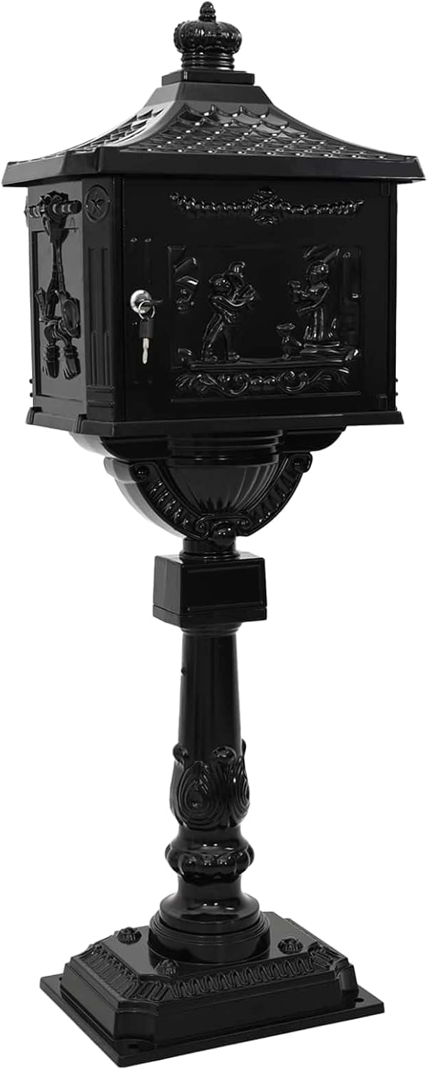 vidaXL Standing Letter Box with Black Door 42.5 x 29.5 x 117 cm, Vintage Letterbox, Waterproof Aluminium, Outdoor Decoration, Practical and Secure Storage