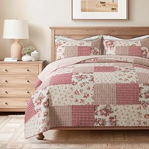 SLPR Country Roses Patchwork Cotton Pieced Quilt Set - Twin Size with 1 Sham, French Country Style Floral Bedding, Red Rose Farmhouse Quilted Bedspread with Flower Pattern SLPR Country Roses Patchwork Cotton Pieced Quilt Set Twin Size with 1 Sham French Country Style Floral Bedding Red Rose Farmhouse Quilted Bedspread with Flower Pattern