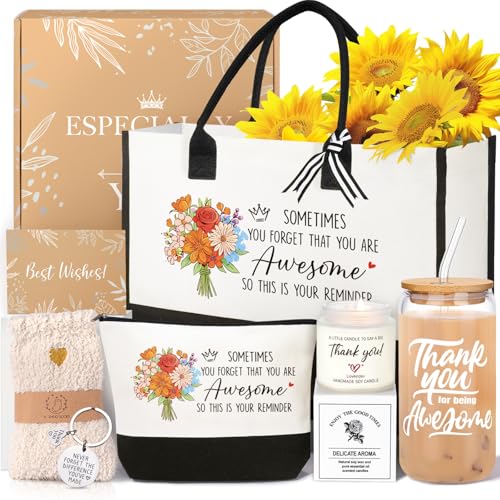 iAOVUEBY Thank You Gifts for Women Employee Appreciation Gifts for Coworkers Teacher Nurse Boss Mom Farewell Retirement Thank You Gift Box Canvas Tote Bag Tumbler Gratitude Gift Baskets