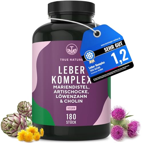 Leber Komplex - Testsieger-Online 11/25 - 180 Kapseln mit Mariendistel, Artischocke, Löwenzahn & Cholin – mit 480 mg Silymarin – Unterstützt die Leber durch Cholin* – TRUE NATURE