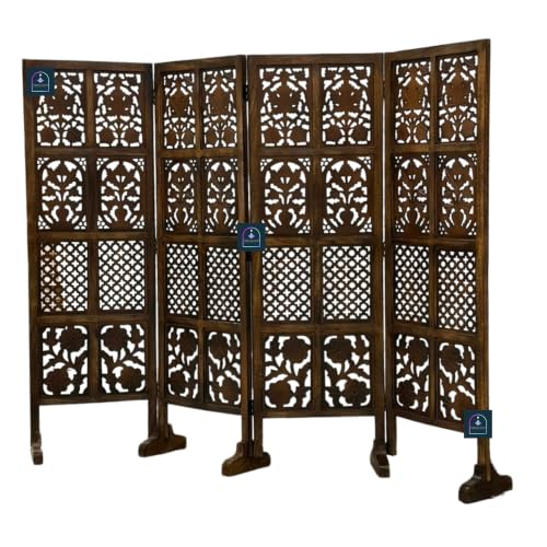 Image of Wooden Room Partition Screen with Burnt Wood Finish | Hand Buffed Traditional Handicraft Room Divider | Indoor Room Separator | Puja Room Divider (4 Panel 5 Feet with Stands)