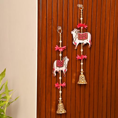 Image of CraftVatika Pichwai Cow Wall Decor Hanging Latkan for Door Wall Decoration, Diwali Decor Items Diwali Decoration for Home, Festive Decor Items, Pichwai Backdrop Cow with Bell Hanging 14.5 Inch Height
