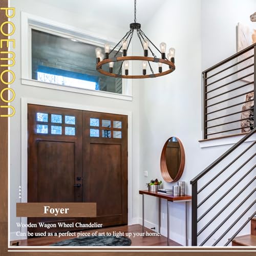 Image of Farmhouse Wood Wagon Wheel Chandelier 12-Light 31.5 inch Light Fixture