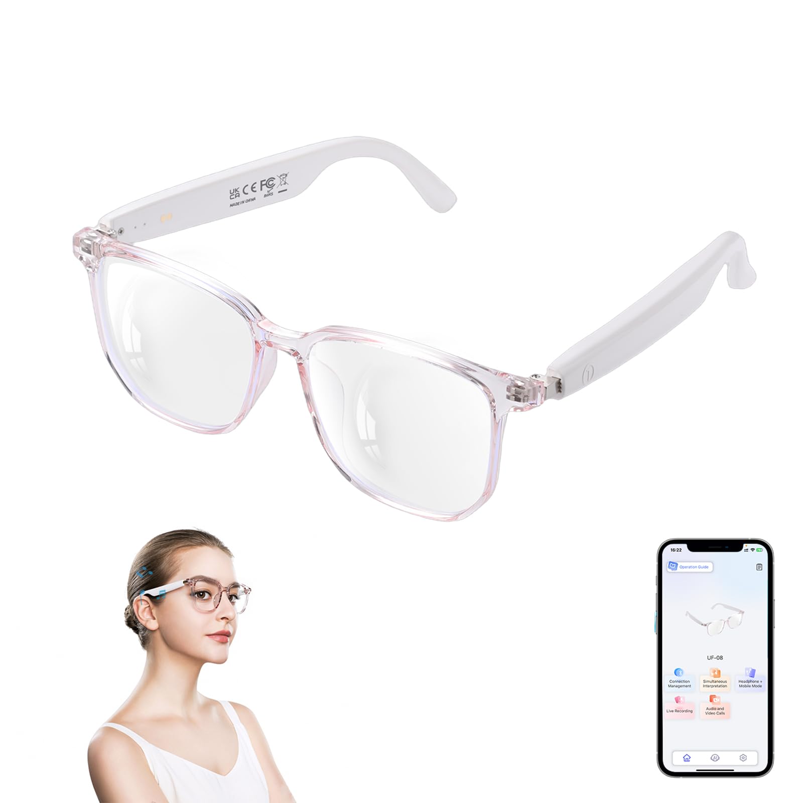 AI Smart Glasses for Women Men Clear Frame Blue Light Glasses Real-Time Translation 160 Languages Photo Translation No